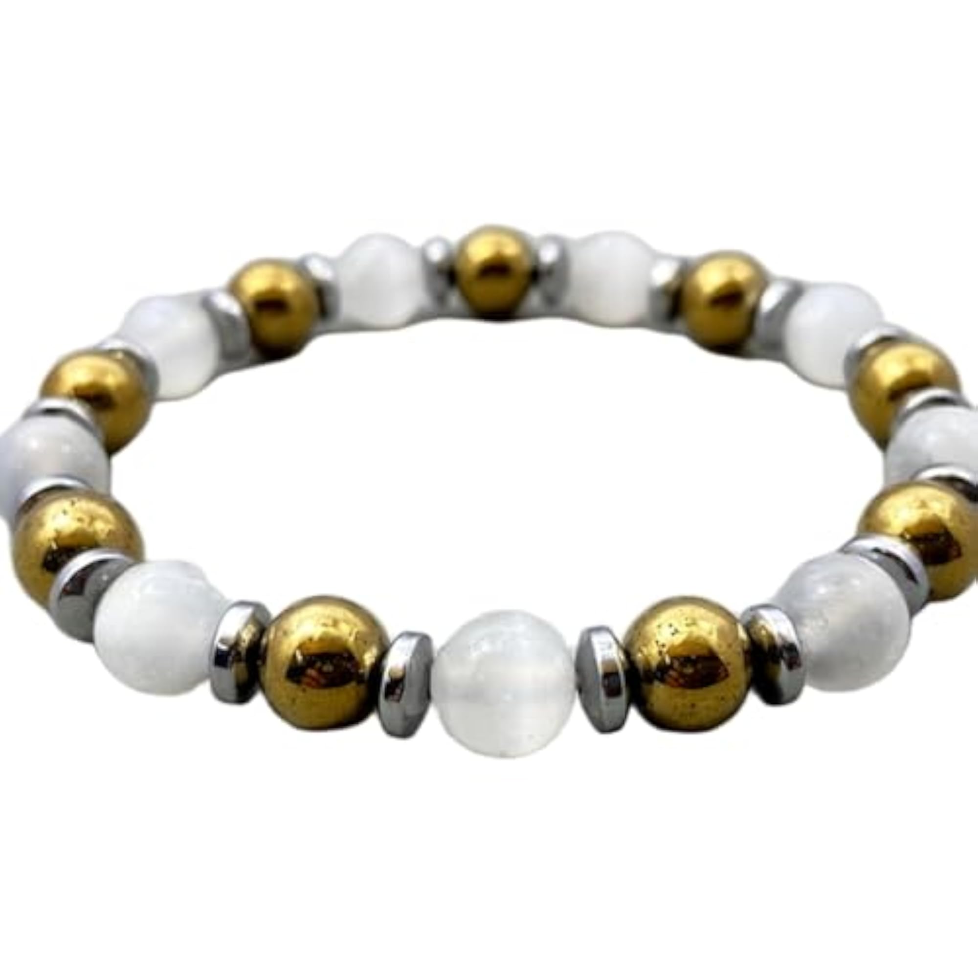 Unisex Natural Selenite & Gold Hematite 8mm Stretchable Bracelet
